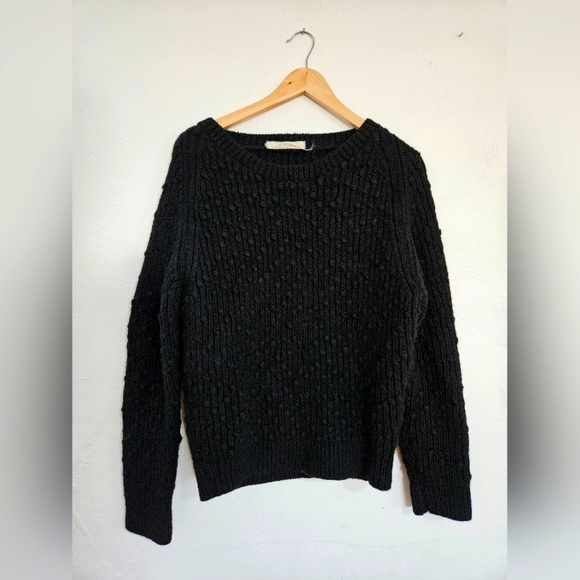 Vintage Sweaters - VTG Black Wool Chunky Knit Sweater Pom Pom Crewneck